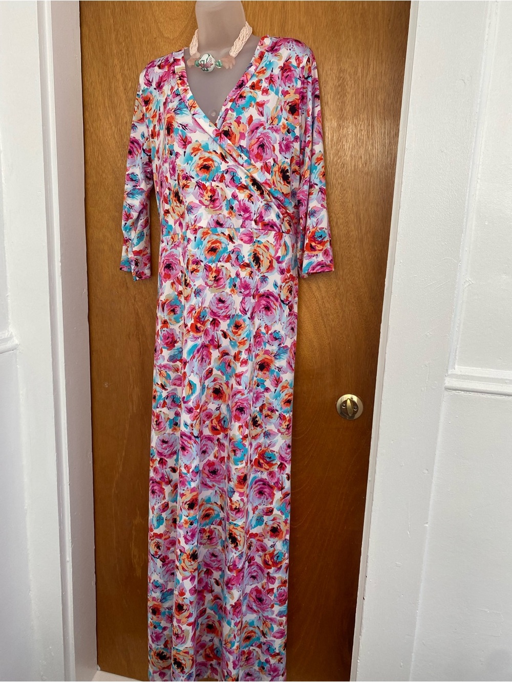 Pink Floral Wrap Maxi Dress with V-Neck